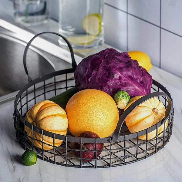 Round Metal Fruit Basket with Handle Decorative Bread Serving Tray